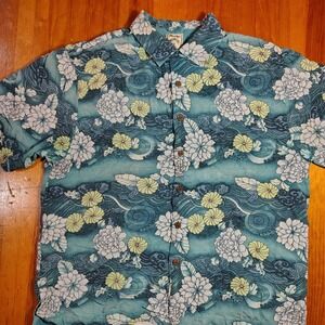 Montego Mon Men's L 100% Silk Short Sleeve Button Up Shirt Tropical Floral‎ Wave